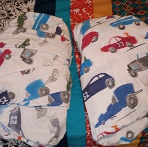 Pottery Barn Twin Race Car Print Bedding Flat Fitted Sheet Set Vintage Y2K